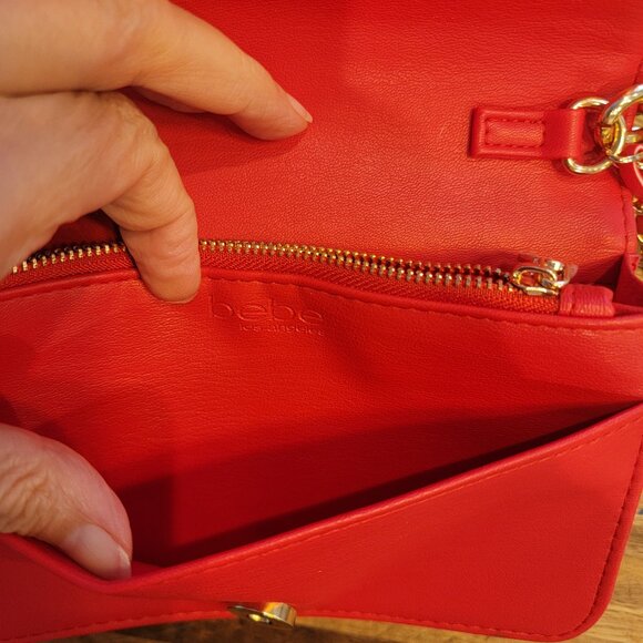BEBE Red Quilted Faux Leather Crossbody Purse w Gold Chain Handstrap - Picture 10 of 16